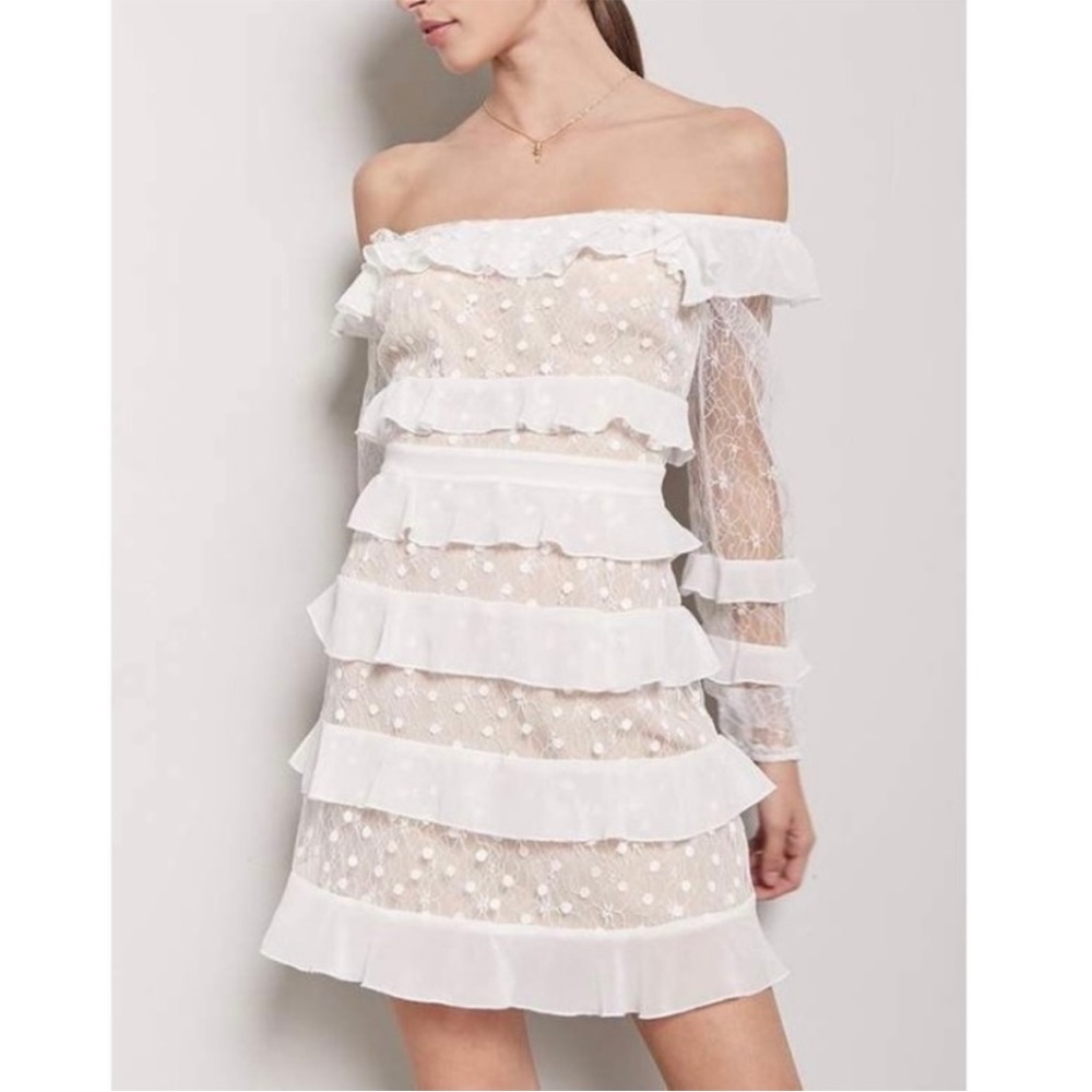 White Lace Ruffle Square Neck Mini Dress